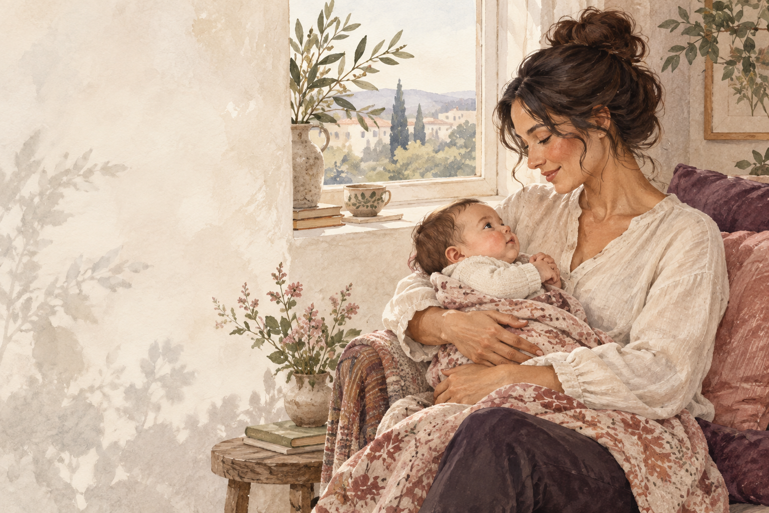 Ilustração de mãe acolhendo seu bebê em casa
