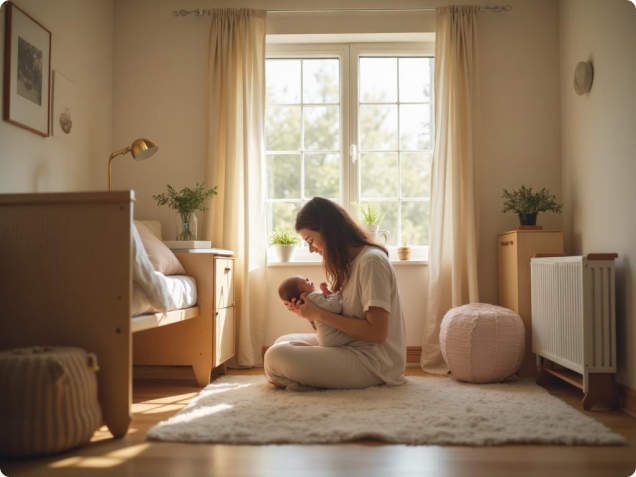 Cena de uma mãe com seu bebê em um ambiente acolhedor